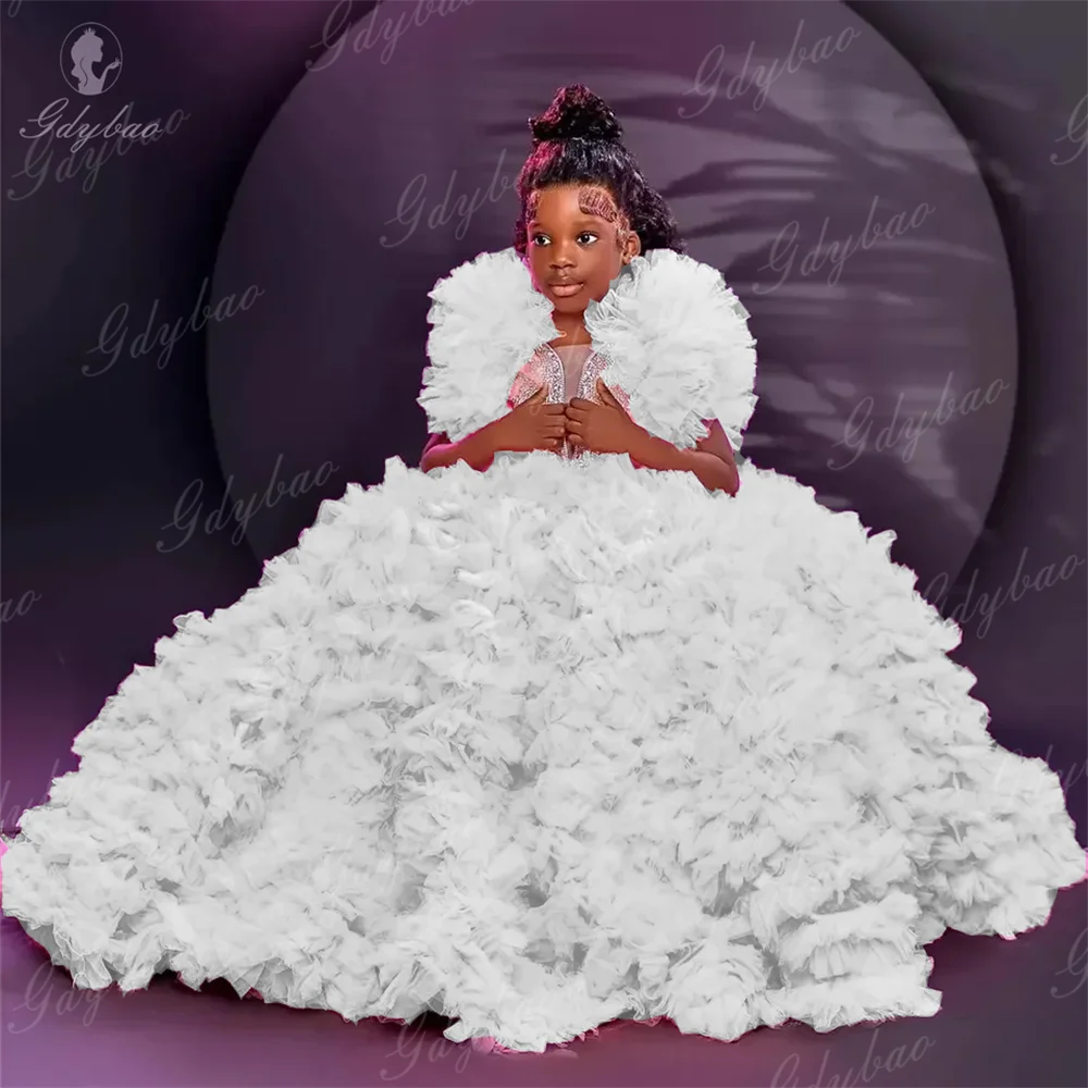 

White Luxury Girls Prom Flower Girl Dress Puffy Short Sleeve V Collar Sacrament Princess Birthday Banquet Show Dress