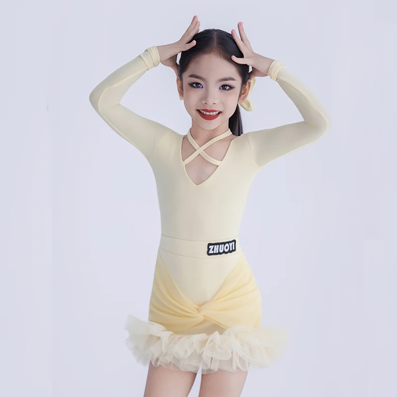 Yellow Long Sleeves Latin Dance Dresses For Girls Chacha Latin Dance Performance Dress Kids Rumba Samba Dance Wear SL14345
