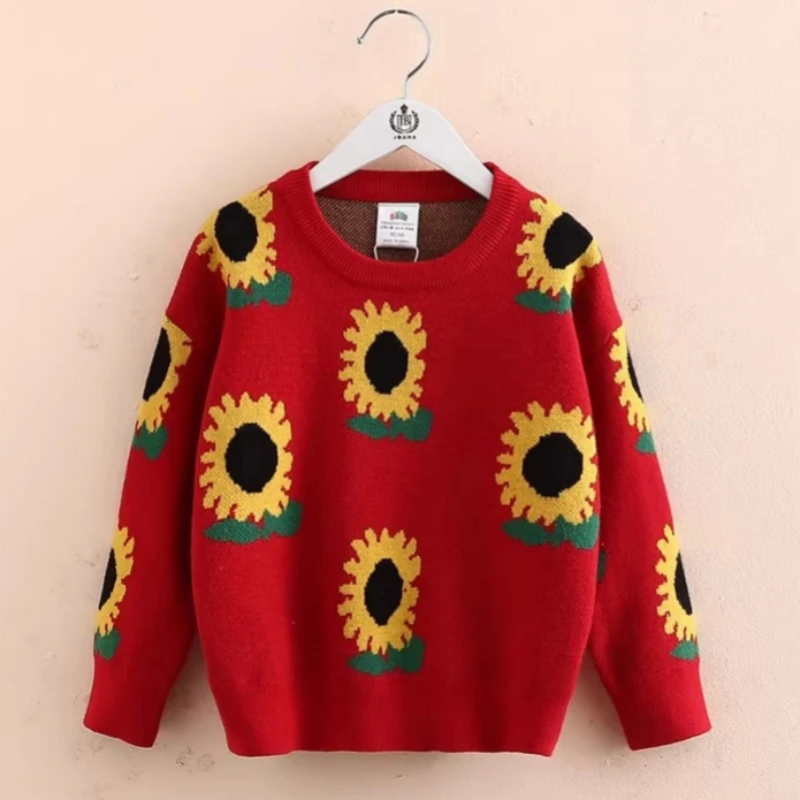 2024 New Autumn Spring Winter Warm 2 3 4 5 6 8 10 Years Baby Children Pullover Flower Print Knitted Thick Sweater For Kids Girls