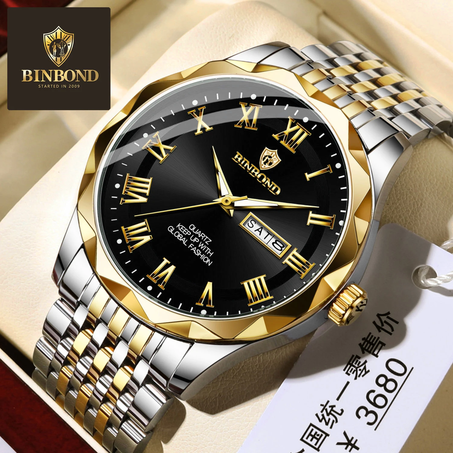 BINBOND Luxury Men's Wtches Business Fashion Original Quartz Watch for Man Roman Dial Rhombus Bezel Waterproof Luminous Date New