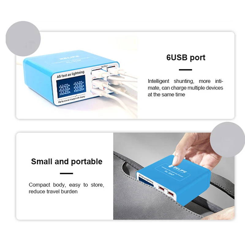 RELIFE RL-304P Smart 6-Port USB Digital Display Lightning Charger PD3.0+QC3.0 for All Mobile Phones and Tablet Charging Support