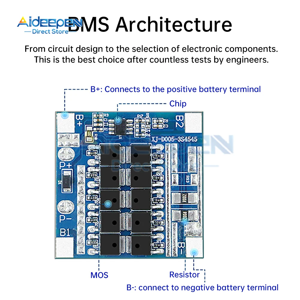 3S 12V 25A نفس المنفذ بطارية ليثيوم ثلاثية Bms 10MOS حماية ثلاثية (الشحن الزائد/التفريغ الزائد/التيار الزائد) للأدوات الكهربائية