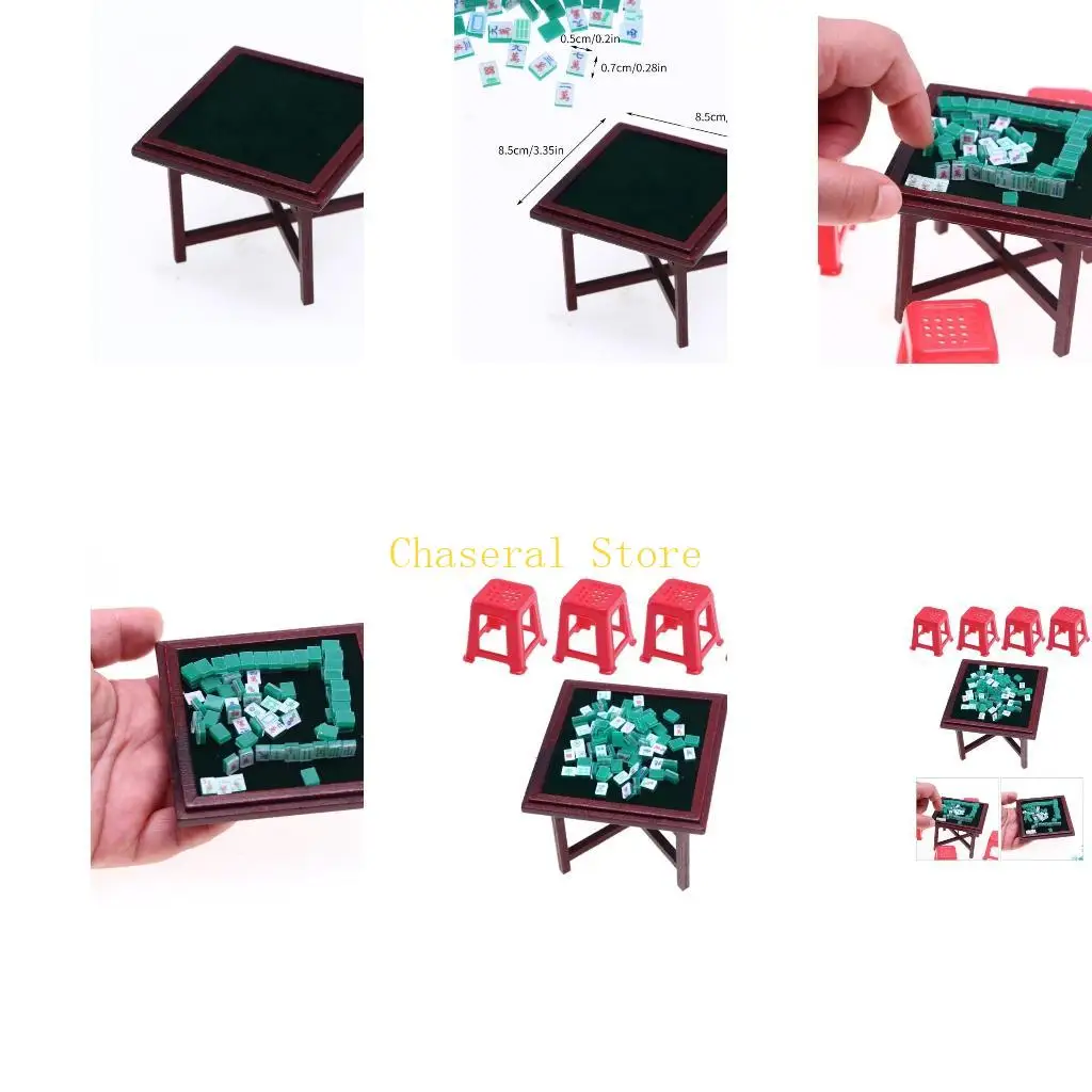 

E7CE Miniature Dollhouses Mahjong Set Accessory 1/12 Scale Realistic Mahjong Table and Chair Dollhouses Miniature