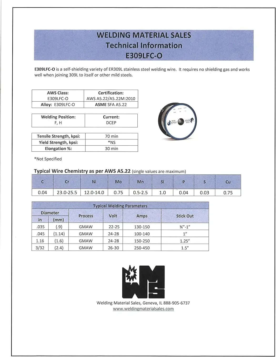 Demon 309LFC-O X .035 X 10LB Spool stainless steel flux core gasless welding wire