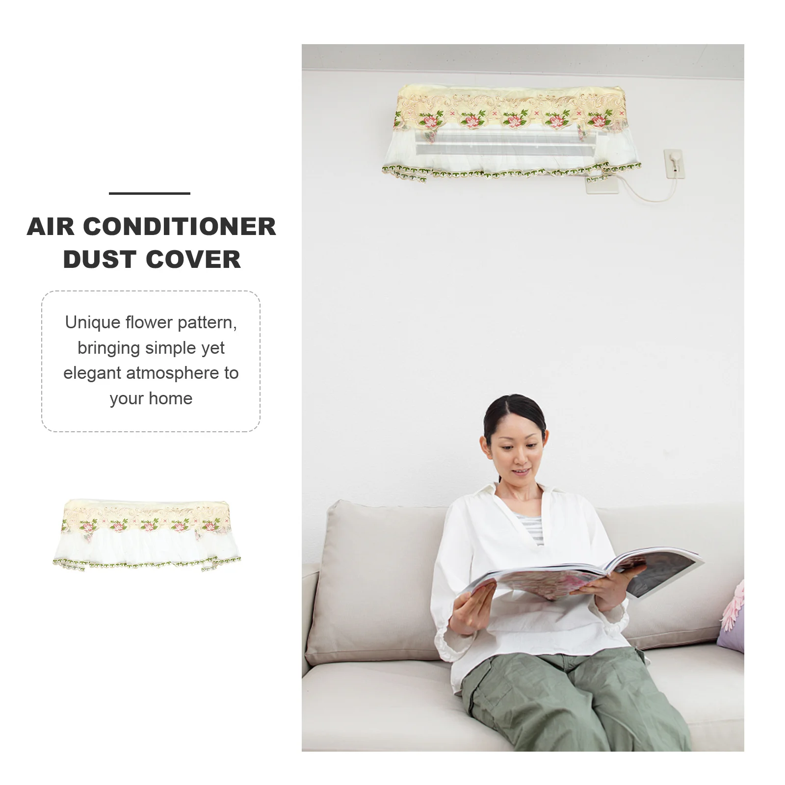 

Air Conditioner Dust Cover Lace Edging Washable Flower Pattern Indoor Decorative Shield Protective Cover for Wall-Mounted Units