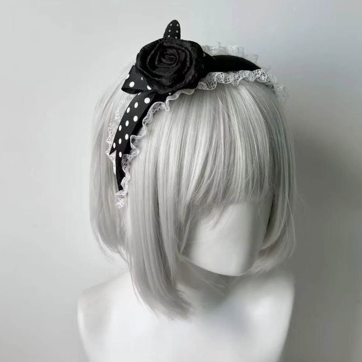 Gothic Lolita Lace Headbands for Women Vintage Black White Polka Dots Rose Flower Bow Elegant Cosplay Hair Accessories
