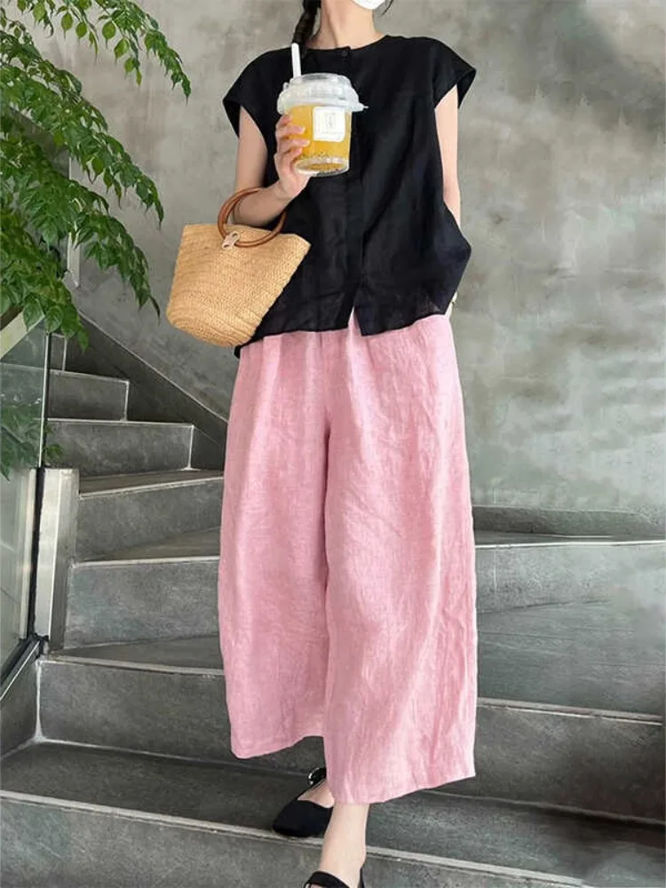 ฤดูร้อนชุดผ้าลินินผ้าฝ้ายผู้หญิง Bla Svel irt Anti-Aging สีชมพูกางเกงขากว้างผ้าลินิน 2 ชิ้นบาง Faion ชุด