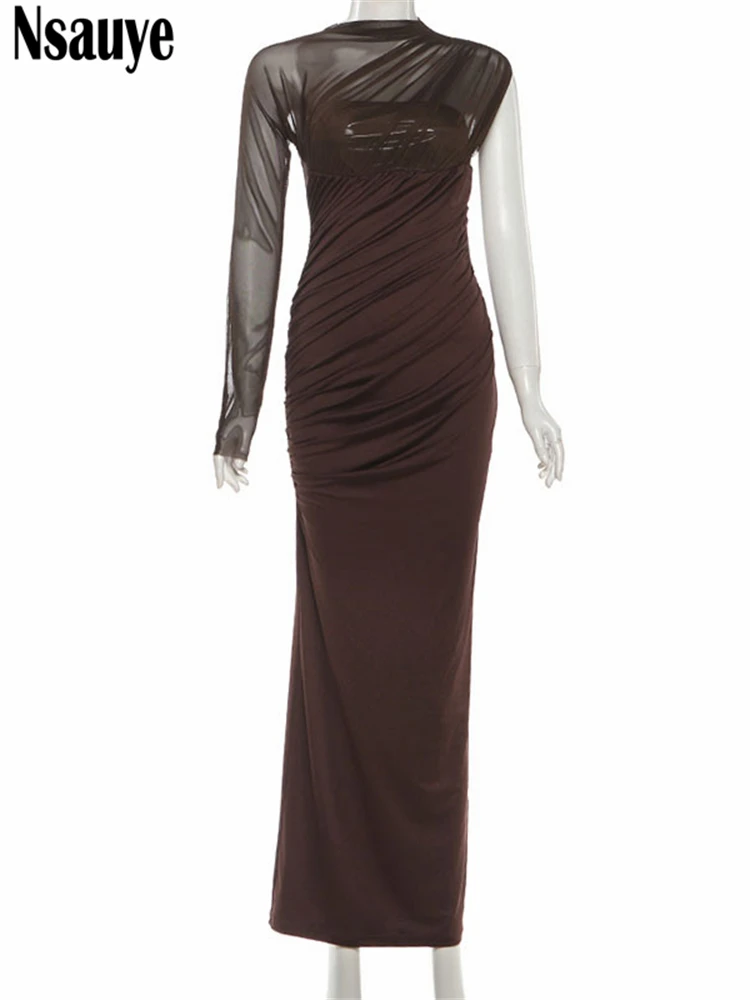 Nsauye Sexy Women Evening Party Elegant Bodycon Birthday Club Dress Outfit Mesh See Through Pullover Maxi Long Sleeve Dress 2025