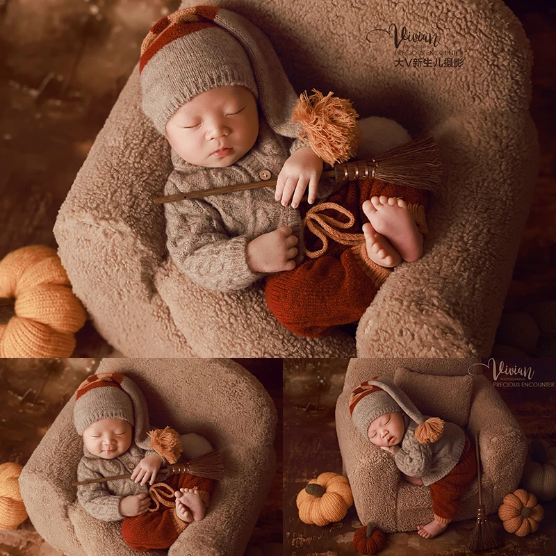 

Magic Academy Character Costumes Newborn Photography Props Baby Knitwear and Hat Broom Scene Props Infants Halloween Clothing