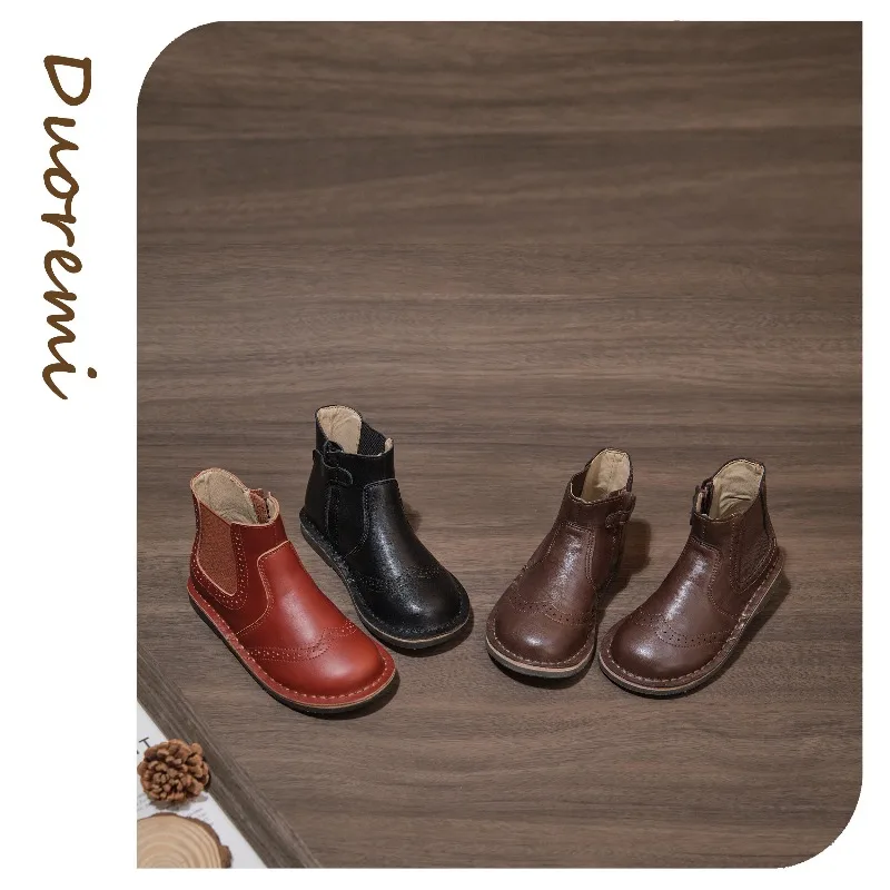 

Winter New Retro Inspected Cowhide Carved Leather Boots Fashionable Side Zipper Baby Short Boots Kids Boutique Shoes