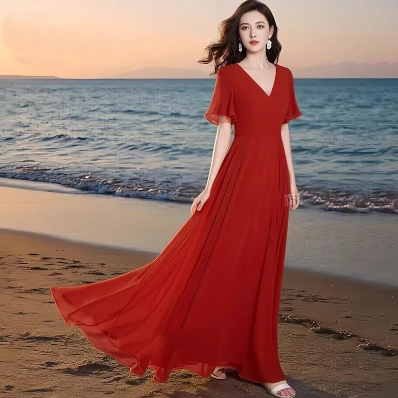 2025 Vrouwen Zomerjurk Nieuwe Solid V-hals Elegante Slanke Grote Zoom Mid Lange Chiffon Jurk Dames Bohemian Strand Jurken vestidos