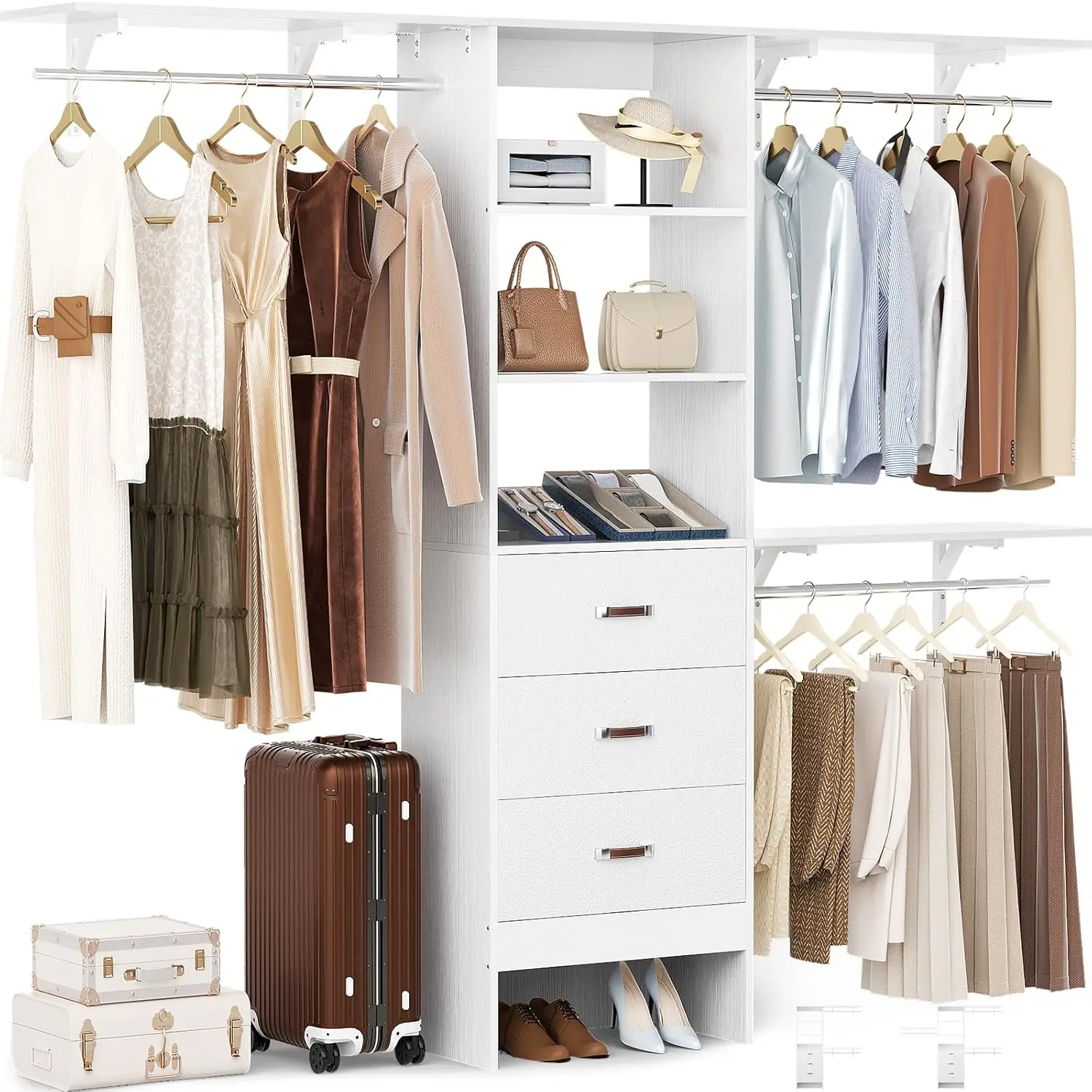 Closet System with Drawer - 8FT Wood Closet Organizer System with 3 Hanging Rods and Shelving Tower, 96" Walk In, Customized