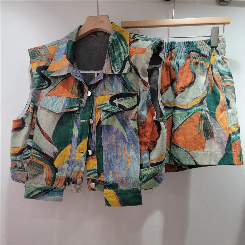 Summer Women Denim Oil Painting Denim Waistcoat Slimming Jeans Vest High Waist Cowboy Tank Tops +A-line Shorts 2Pcs Set 2025