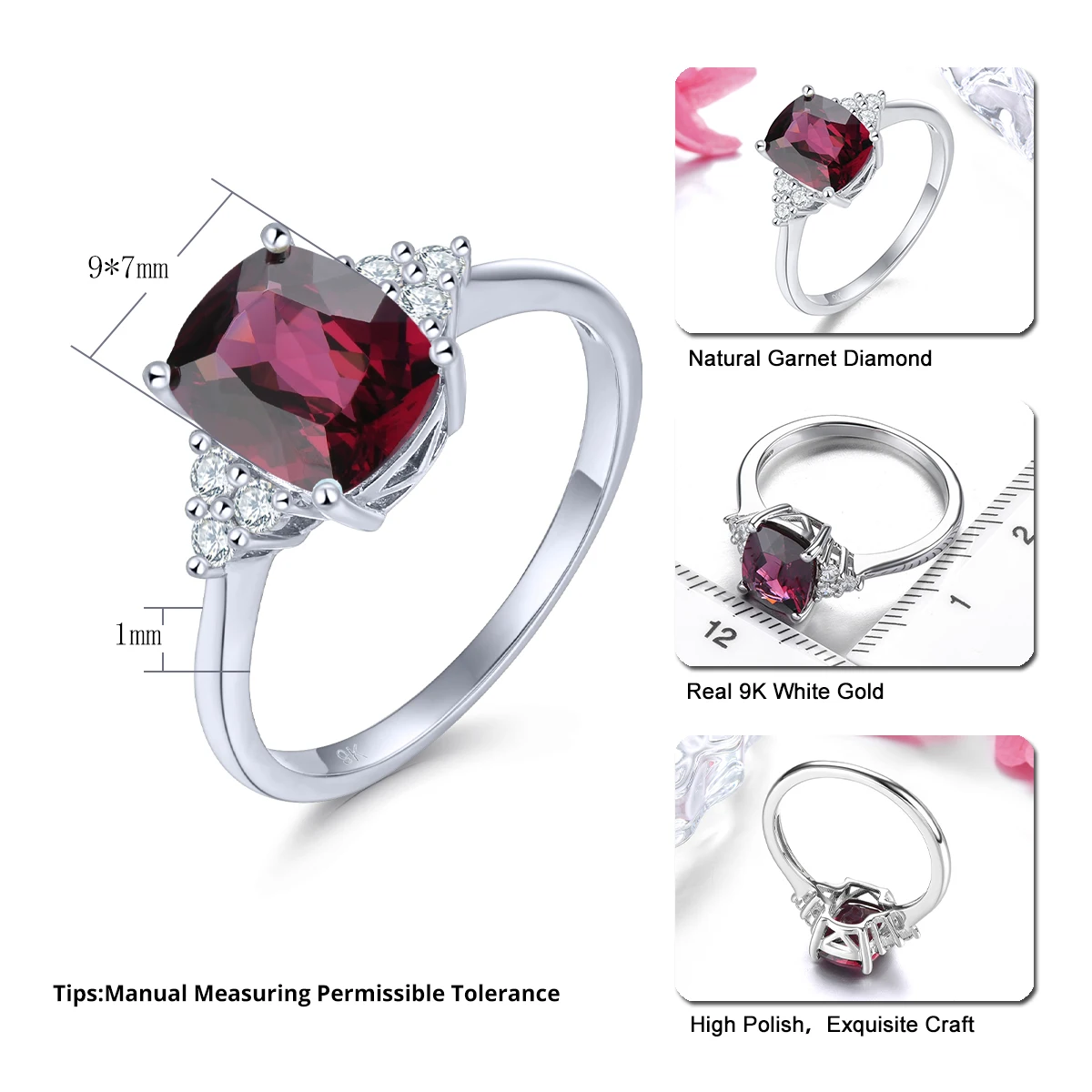 Lohaspie Natural Rhodolite Garnet Real 9K White Gold Ring 2.46 Carats Genuine Diamond Romantic Fine Jewelry Style Gifts