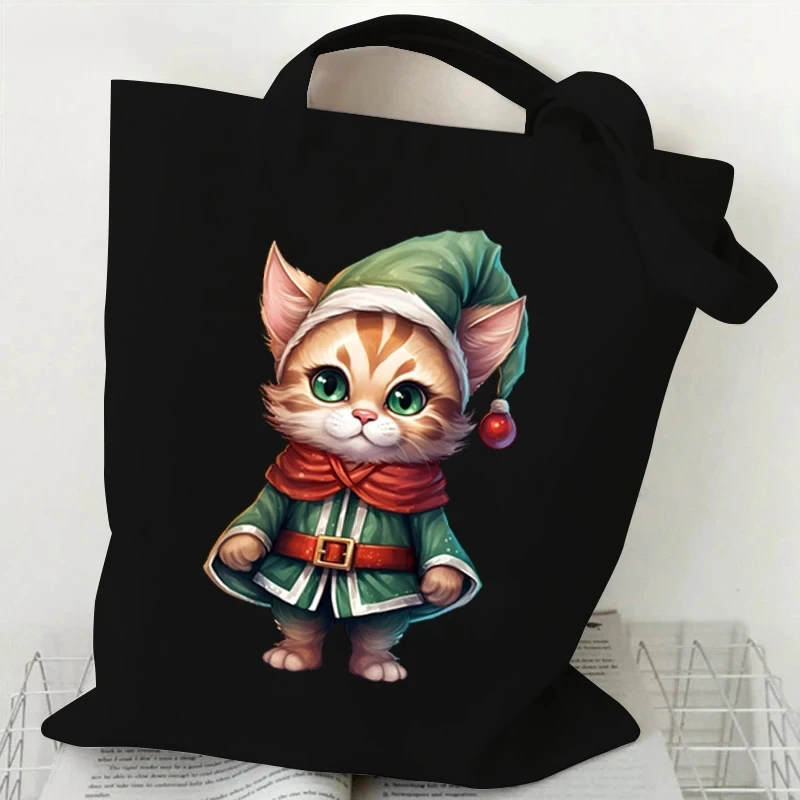 

Green Christmas Cat Tote Bag Fun Cat Dwarf Printed Shoulder Bag Party Gift Bag Large Capacity Shopping Bag