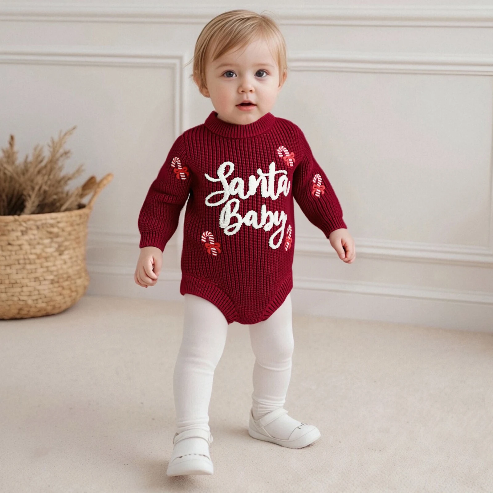 طفلة عيد الميلاد سترة رومبير رسالة قصب الحلوى التطريز جولة الرقبة طويلة الأكمام متماسكة بذلة ل 0-18 أشهر