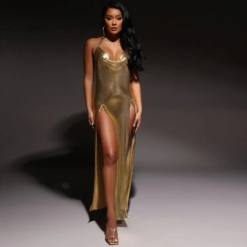 Damen Sexy Glänzendes Gold-Pailletten-Neckholder-Kleid Rückenfreies Bodycon Midikleid Nachtclub Party Abend Cocktailkleider Vestidos Mujer – Detail 4