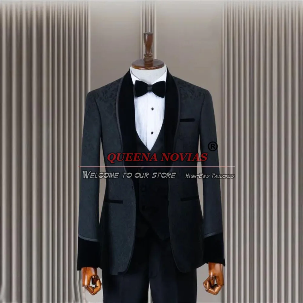 Elegant Suits For Men Classic Jacquard Jacket Vest Pants 3 Pieces Formal Groom Tuxedos Wedding Party Banquet Prom Blazers Sets