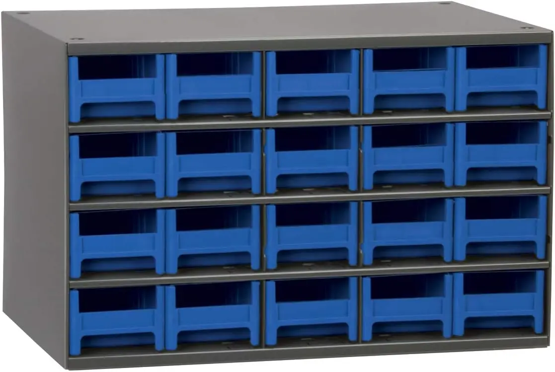 

Small Hardware, Nails, Screws, Bolts, Nuts, and More, 17-Inch W x 11-Inch D x 11-Inch H, 20-Drawer, Gray Cabinet/Blue Drawers