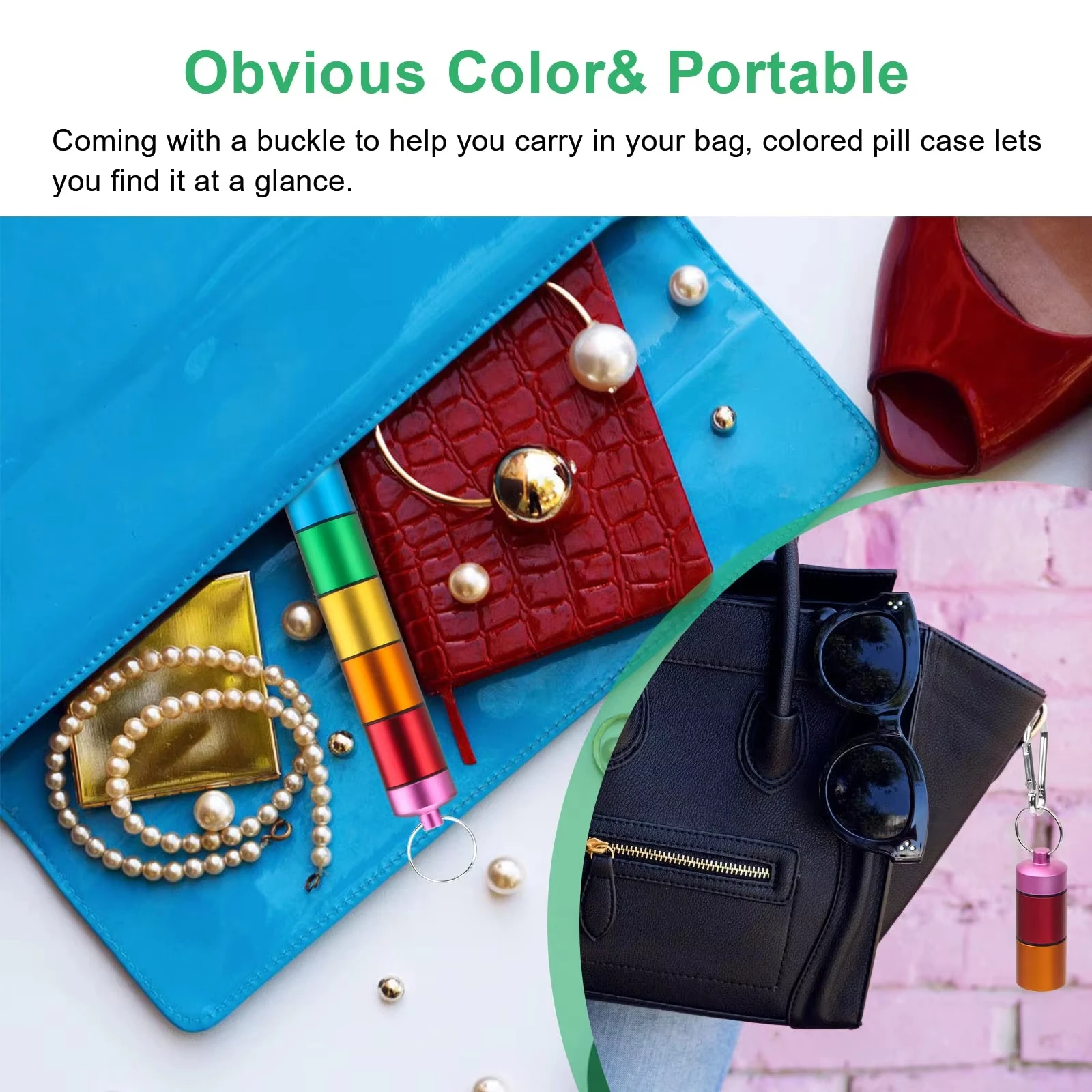 علبة حبوب منع الحمل الصغيرة المحمولة سلسلة المفاتيح حامل حبوب معدنية مقاومة للماء أنبوب مع 7 مقصورات لمنظم حبوب الدواء الصغيرة في حالات الطوارئ