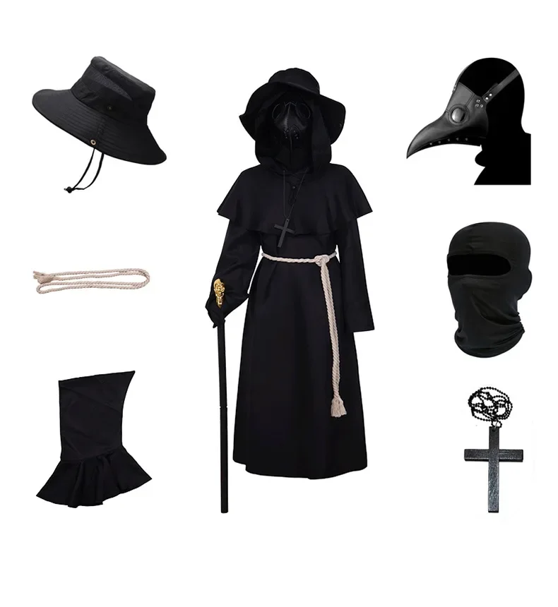 Fancy Medieval Plague Doctor Cosplay Costume Crow Beak Mask Punk Cos Outfit for Boys Girls Halloween Performance Disguise Wear