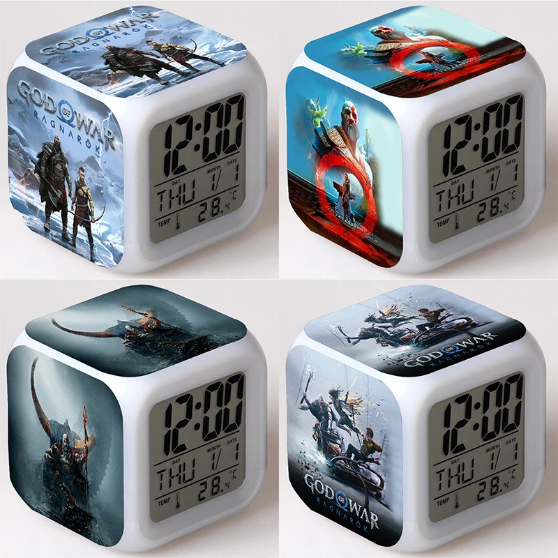 Game God of War Ragnarok Kratos Figurines Clock Alarm Atreus LED Colorful Light Figures Toys for Children Kids Christmas Gift