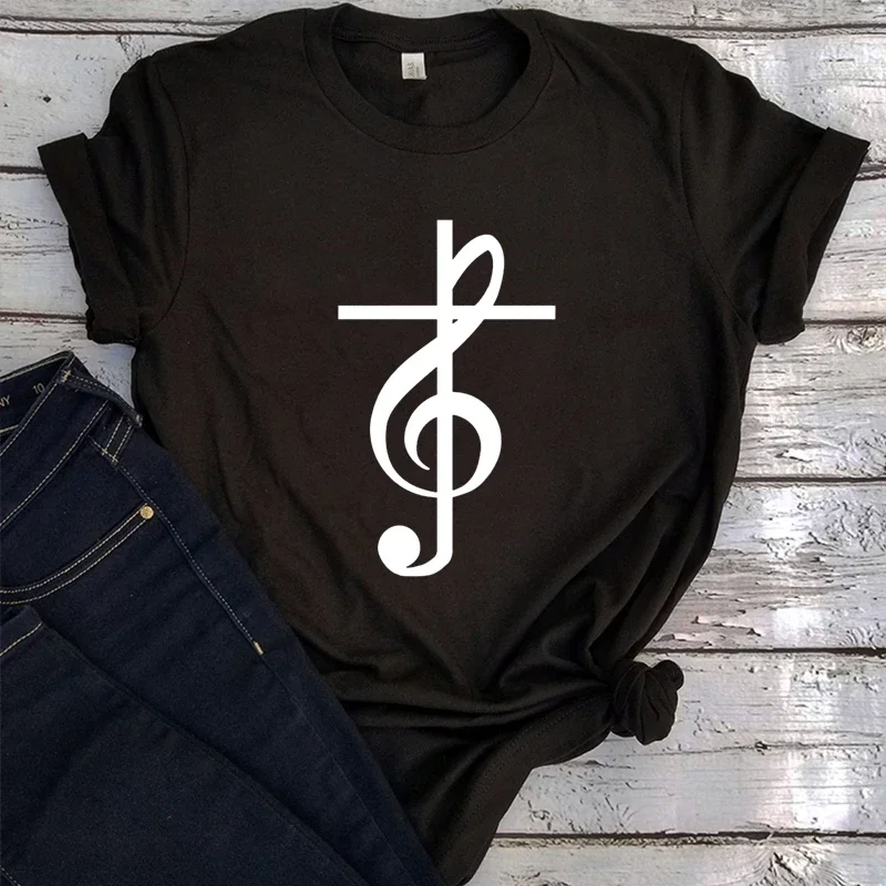 Christian Tee Music Cross T-Shirt Church Music Women Clothing Gothic Leader Religious Gift Jesus God Bible T Shirt L