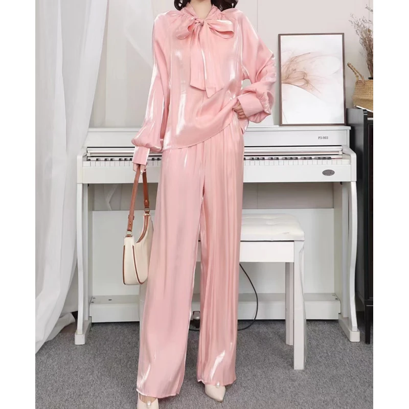 

YZZ Elegant Shiny Solid Pant Suit Women's Two Piece Set Lady Bow Neck Shirt Loose Wide Leg Pants Fashion Female Outfit 10 Colors