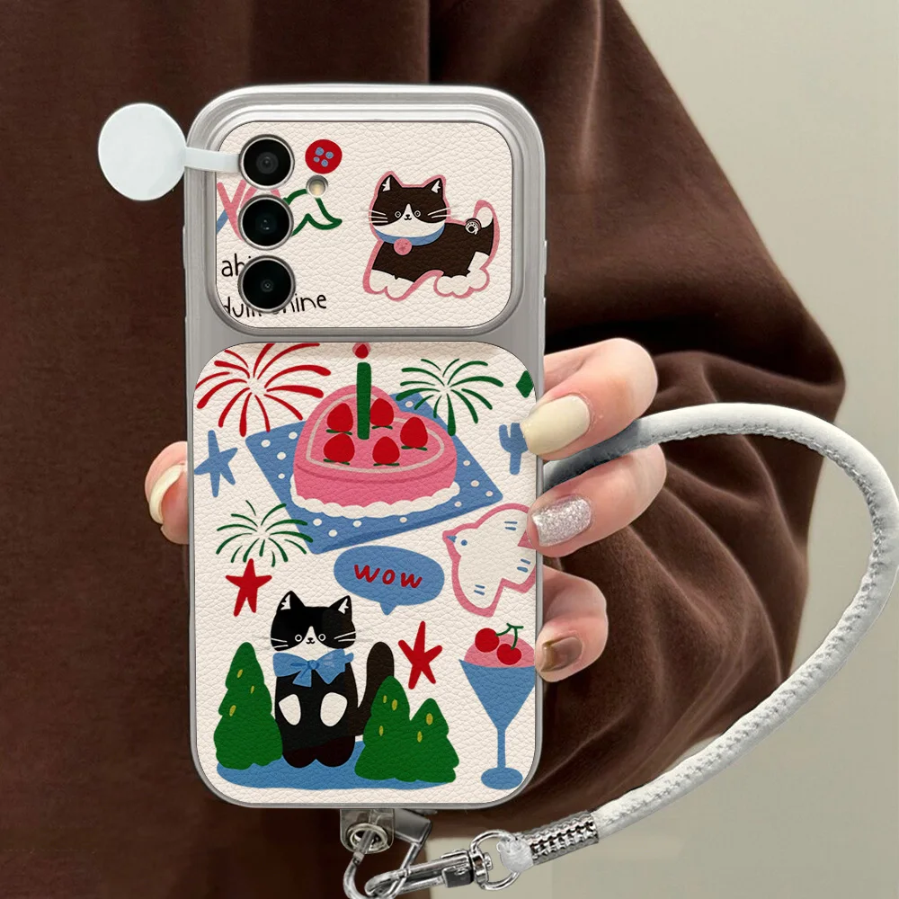 Cartoon-Kuchen-Schwarzkätzchen-Muster Lanyard Handyhülle für Samsung S26 S25 Ultra S24 S23 Plus A57 A37 A56 A17 A07 Weiche TPU-Hülle