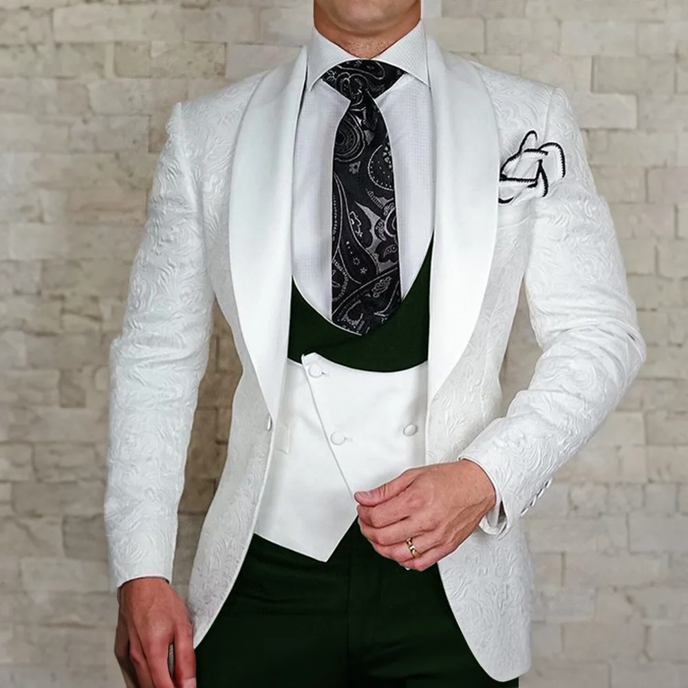 Set da 4 pezzi abito Jacquard da uomo matrimonio sposo smoking giacca pantaloni gilet abito da festa formale Blazer floreale bianco