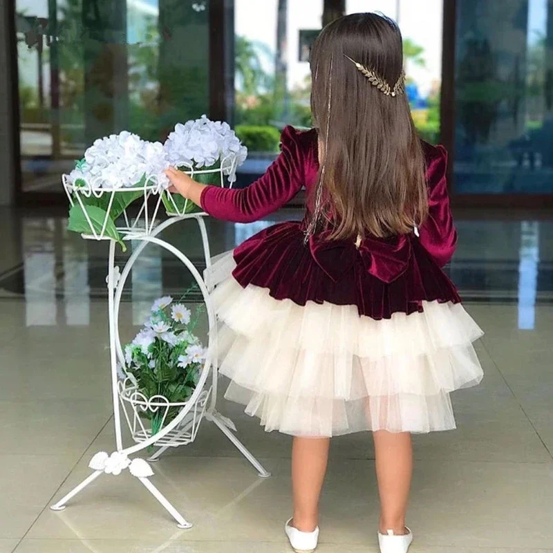 Velvet Red Flower Girl Dress Three Quarter Tiered Knee Length Dresses Baby Cute First Communion Birthday Party Gowns Customized