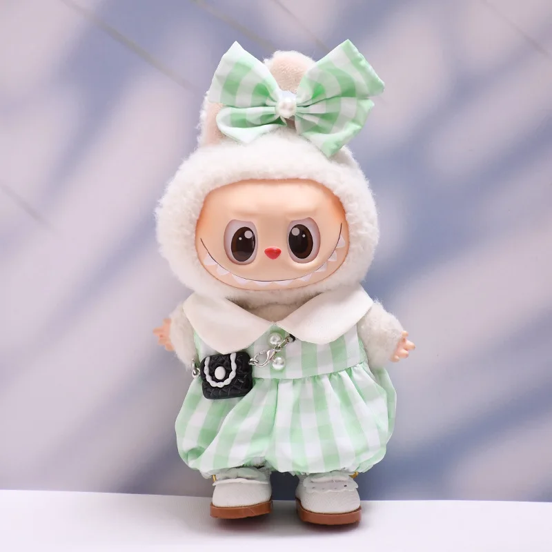 

Clothes For 15/17cm 1st-3rd Gen Labubu Fresh Green White Plaid Jumpsuit Set With Bow Princess Shoes Accessories For Sweet Outfit