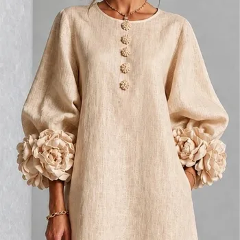 Elegant Women Linen Midi Dress O Neck 3D Floral Lantern Sleeve Button Loose Straight Long Dress Modest Casual Party Dresses 5