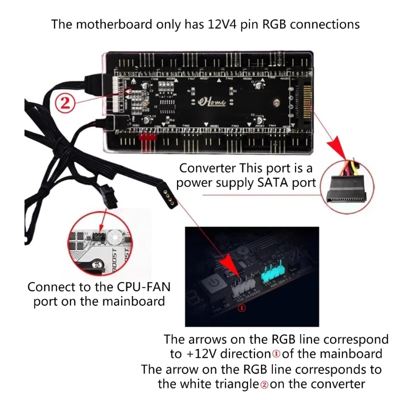 RGB Convertor 12V ADD-RGB to 5V ARGB Transfer Hub Fan Hub Control 4PWM Fan Speed Supports Fan with 3Pin/4Pin Cooling H8WD