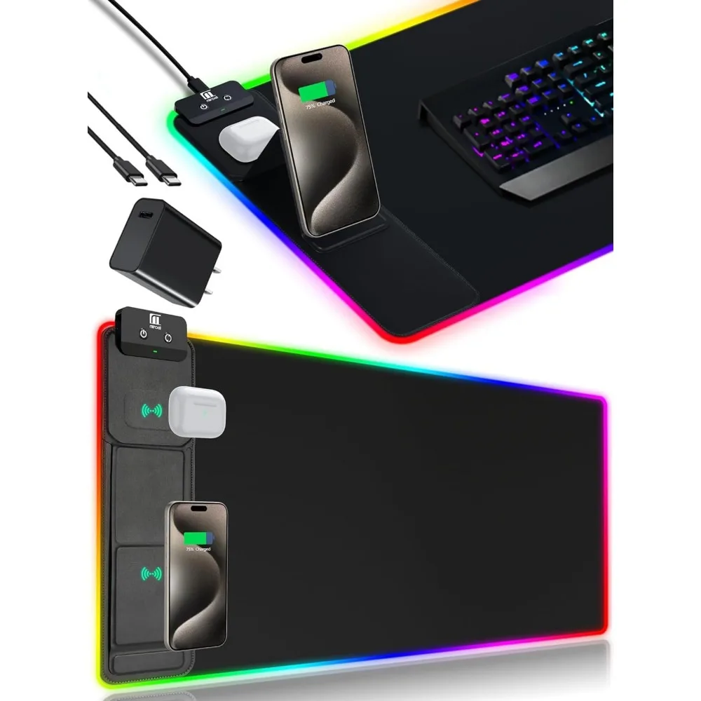 Multifunction Desk Mat with Phone Holder, Fast Charging, LED Gaming, Waterproof & Non-Slip
