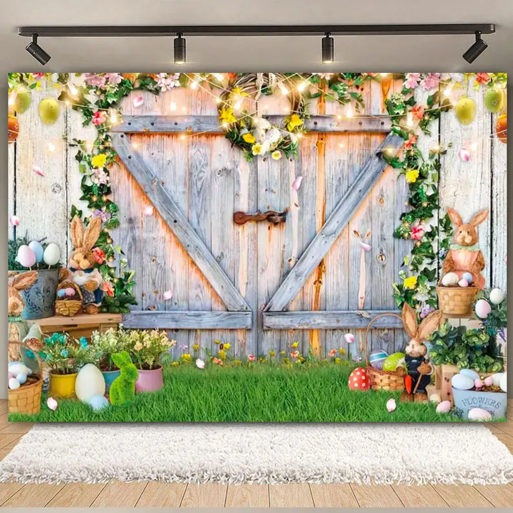 Fondo de fotografía de Pascua feliz, escena AI, casa de madera, flores, conejo, huevos, decoración de fiesta de cumpleaños, fondo para Baby Shower