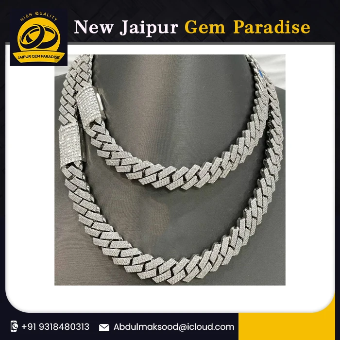 14mm 3 Row Miami Cuban Link Chain Vvs Moissanite Diamond Stubbed 925 Sterling Silver White Gold Plated with Baguette Lock.