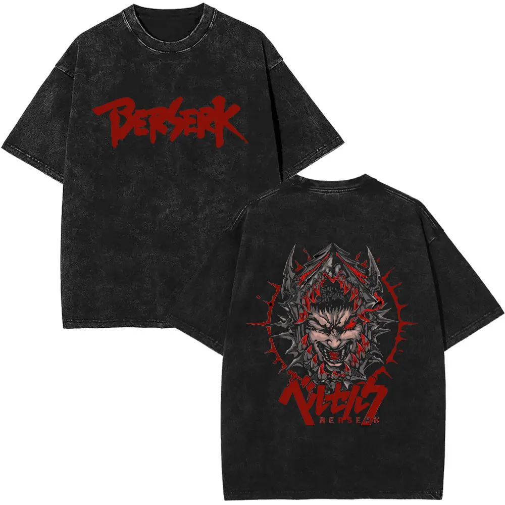 

Anime Berserk Guts Vintage Washed T-shirts Men Women Casual Cotton Retro Short Sleeve T Shirt Men's Cartoon Harajuku Streetwear
