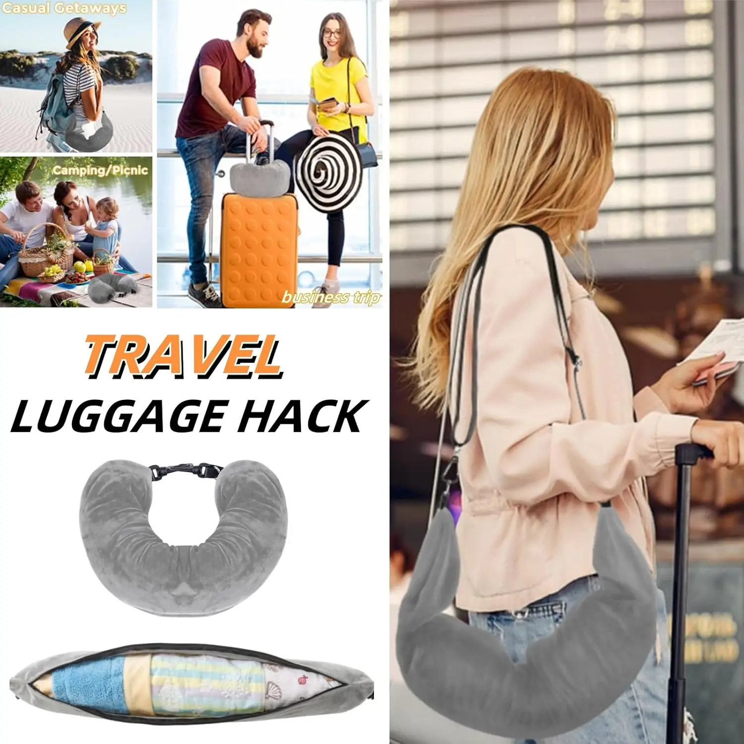 ‌ La almohada de viaje reutilizable puede almacenar ropa, cojín suave para el cuello para aviación al aire libre, reposacabezas portátil y cómodo para avión y coche ‌