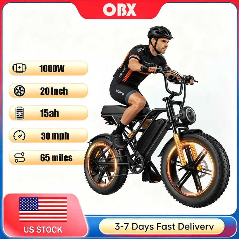 48V 15Ah Electric Bike for Adults 1000W (1500W Peak) 30mph 60 Miles Range 20'' Fat Tire Mountain Commuter Ebike UL Certified