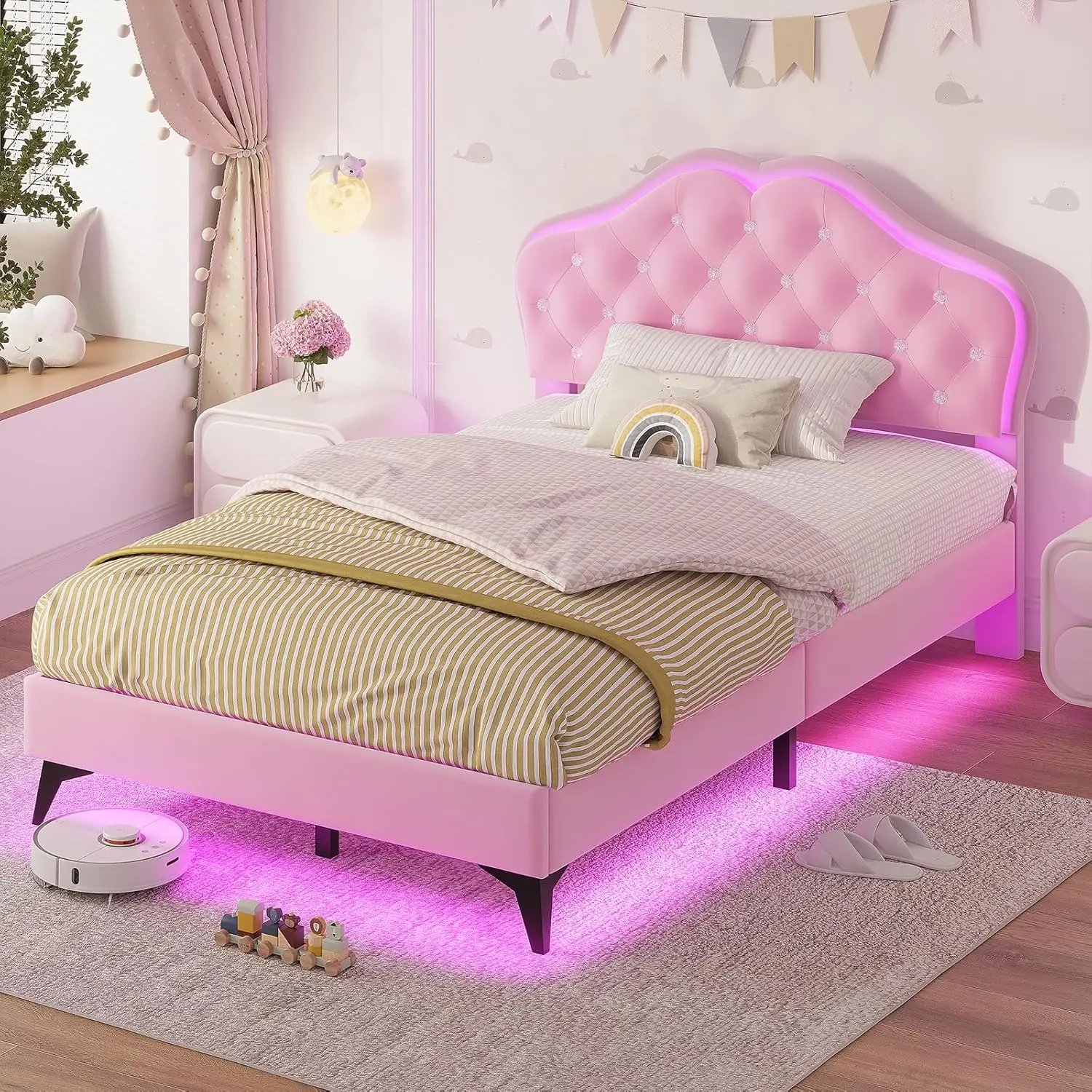 Twin Size Upholstered LED Bed Frame, Girls Twin Bed Frame with Adjustable Crystal Button Headboard, Velvet Princess Platform Bed