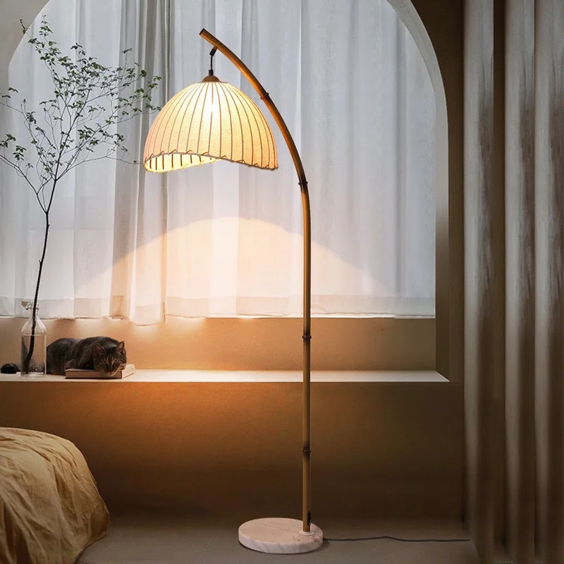 Bamboo Rustic Style Floor Lamp Nordic Home Decor Bedroom Study Homestay Floor Light Handmade Fabric Atmosphere Stand LED Lamp