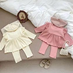 Newborn Baby Girl Pajama Set Cotton Shirt+Pant 2Pcs Solid Ruffle Infant Toddler Loungewear Ribbed Homesuit Baby Clothes 6M-2Y