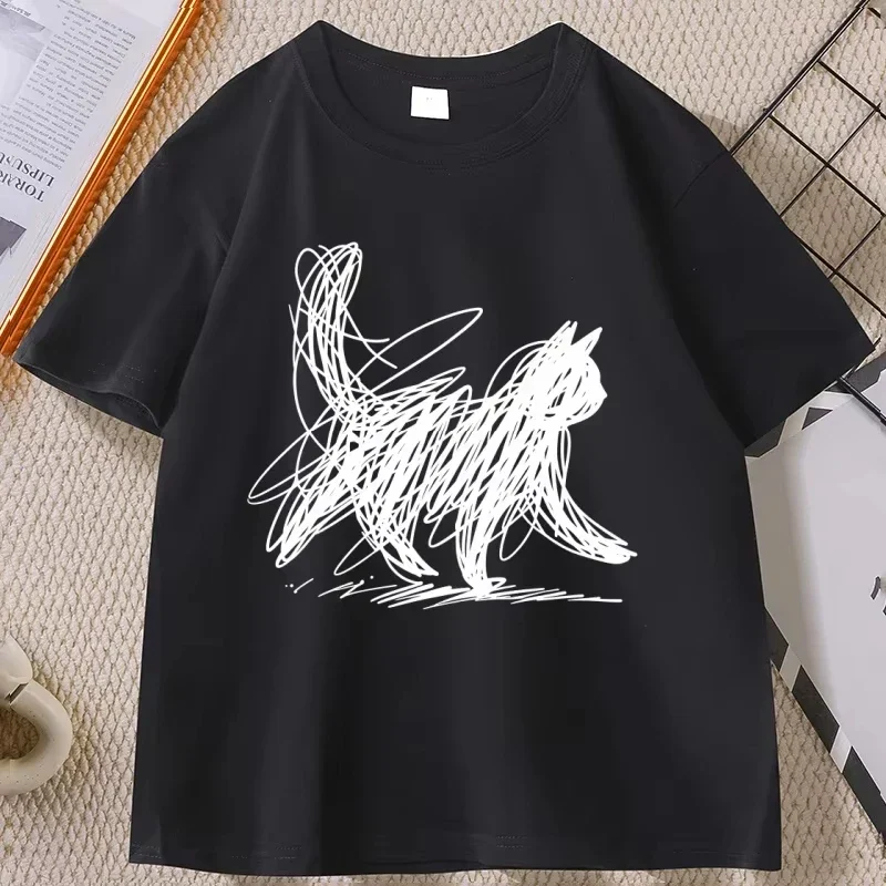 Abstract Cat Line T Shirt Minimalist Scribble Cat T-Shirt Funny Animal Tee Casual Comfortable Round Neck Short Sleeve Tshirt