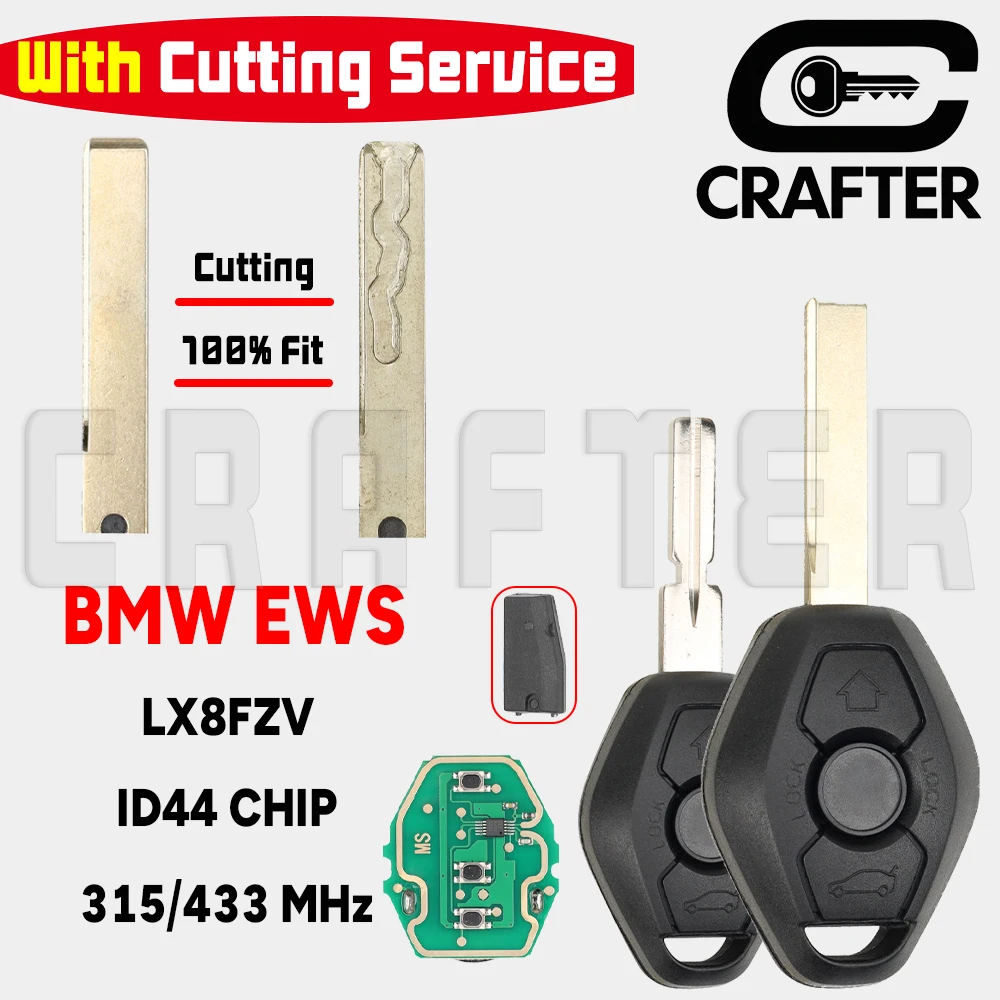 

Key Crafters BMW EWS System Car Remote Key For 1 3 5 7 Series 315/433 Mhz ID44 PCF7935 Chip Blade HU58/HU92 With Cutting Service