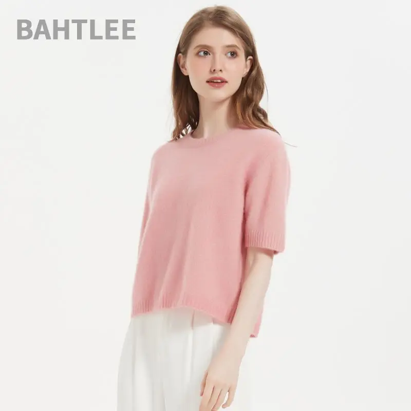 BAHTLEE-Mohair Pullover for Women, O-Neck, Short Sweater Sleeves, Wool Knitted Jumper, Loose Style, Spring and Autumn