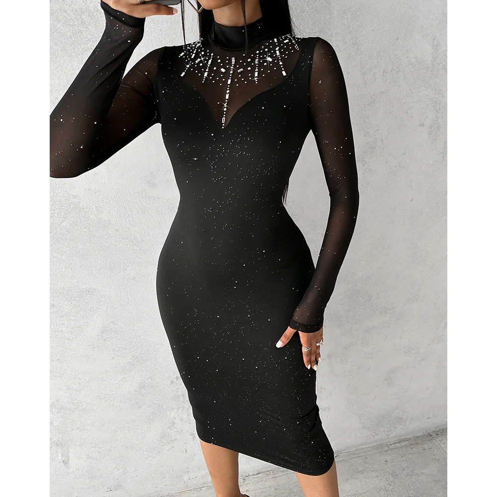 المرأة حجر الراين ديكور بقماش شفاف المرقعة كم طويل بريق Bodycon ميدي فستان سليم صالح وتتسابق