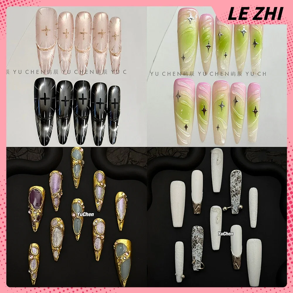 

Sweet Cool Fashion Long Coffin Stiletto Handmade Full Cover Nails High Quality 3D Flowers Diamond Stars French Press On Nails
