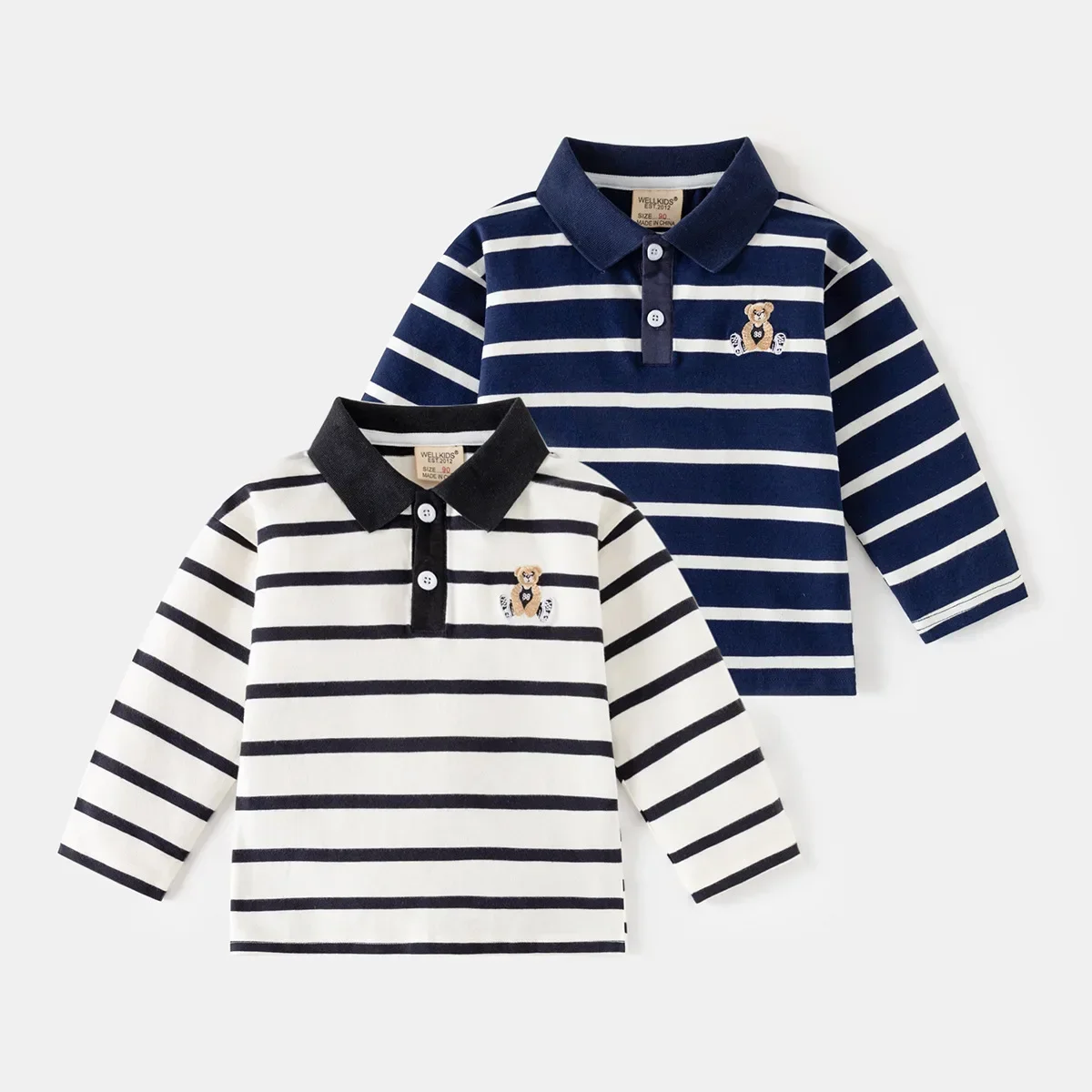 

Boys Cartoon Bear Embroidery Long Sleeve Polo Shirt New 2025 Spring Autumn Kids Striped Lapel T-shirt Tops Child Casual Clothing