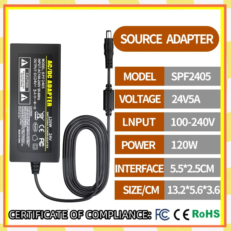 

1PCS DC SPF-2405 24V5A power adapter, switch transformer socket 5.5 x 2.5mm, Suitable for LED light strips, lights, cameras